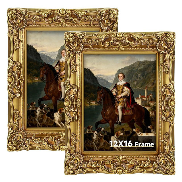 12x16 Gold Picture Frames 2 Pack, 12 x 16 Vintage Photo Frame Set for Wall Hanging, Large Antique Brass Poster Frame with Glass, 16x12 Ornate Thick Victorian Frames for Art Prints Gallery Home Decor