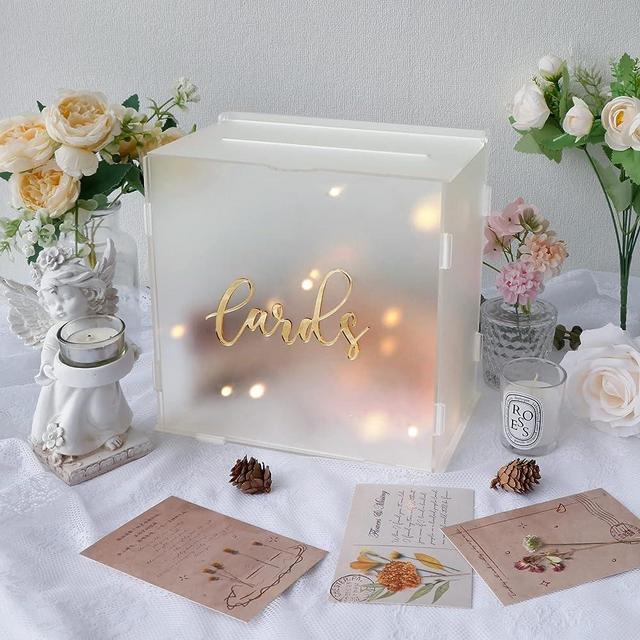 OurWarm Acrylic Wedding Card Box with String Light, Frosted Gift Card Box for Wedding Decorations for Reception, Money Box for Bridal Shower Decorations Party Reception Anniversary
