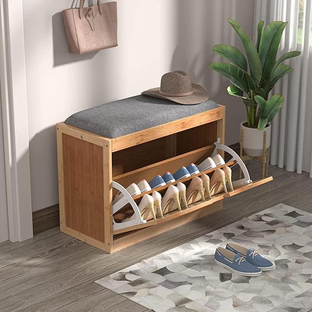 Bamboo Shoe Storage Bench with Flip-Drawer, Hidden Shoe Storage Cabinet with Padded Seat and Tipping Bucket for Entryway, Hallway and Small Space