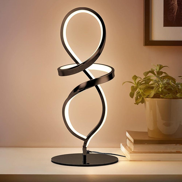 Mayful Modern Table Lamp, LED Spiral Lamp, Black Bedside Lamp with Stepless Dimming Switch, Contemporary Nightstand Lamp, LED Lamp for Bedroom Living Room Home Office, 12W, 3200K Warm White
