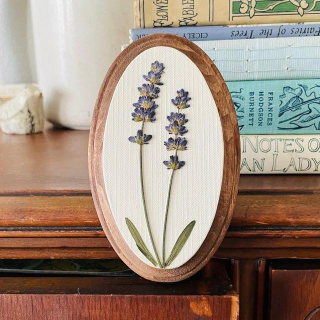 Small Lavender Canvas Wall Painting | Botanical Oval Wall Hanging | Pressed Floral Wall Art | Framed Pressed Flowers | Gallery Wall Decor