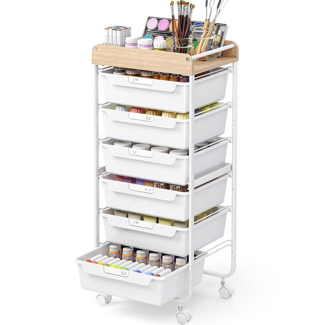 Rolling Storage Utility Cart With 6 Drawers,Art Supply Craft Organizer,Sewing Makeup Organizer And Storage,Office Organization Wooden Tabletop,White
