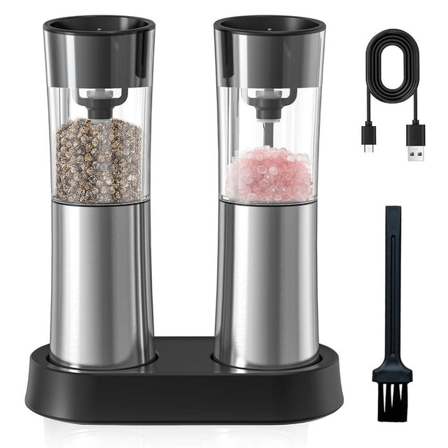 Electric Salt and Pepper Grinder Set — Gravity Rechargeable Salt Pepper Grinder with Charging Base and LED Light, Adjustable Coarseness, Large Capacity, One-handed Operation Salt Pepper Mills