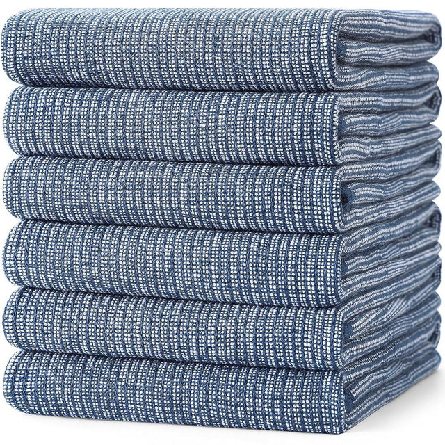 Homaxy Premium Kitchen Towels(18”x 28”, 6 Pack), Large Cotton Kitchen Hand Towels, Flat and Terry Dish Towels, 380 GSM Highly Absorbent Tea Towels Set with Hanging Loop, Navy Blue