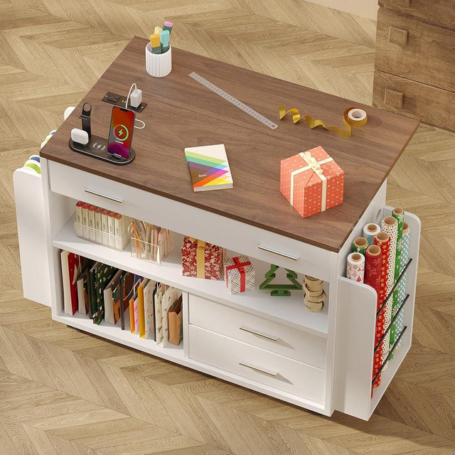 Lurinthal Wrapping Paper Storage Cart with Foldable Drop Leaf, Crafting Table with Power Outlets, Wrapping Paper Organizer with Ribbon & Gift Bag Storage, Rolling Gift Wrap Storage Station