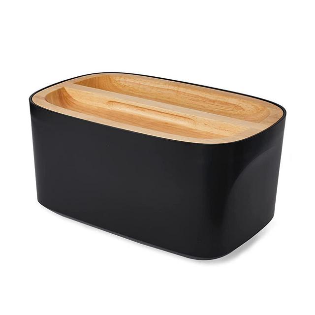 Sonder Los Angeles, Modern Bamboo Fiber (Black) Bread Box for Countertop with Reversible Wood Serving Lid, 14.25 x 9.25 x 7in, Storage Bin and Bread Container
