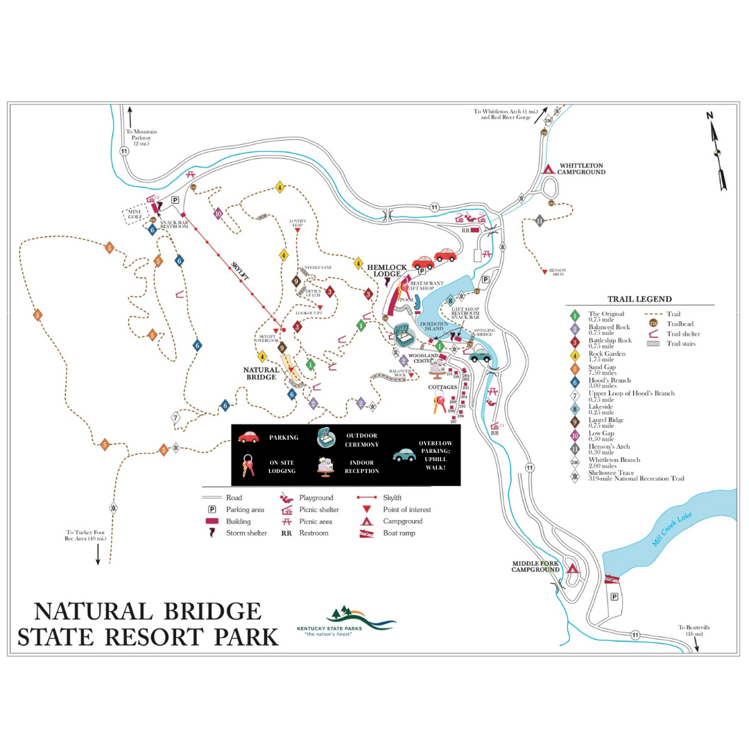 Full map of the state park grounds with markers for the ceremony, reception, parking, and lodging.