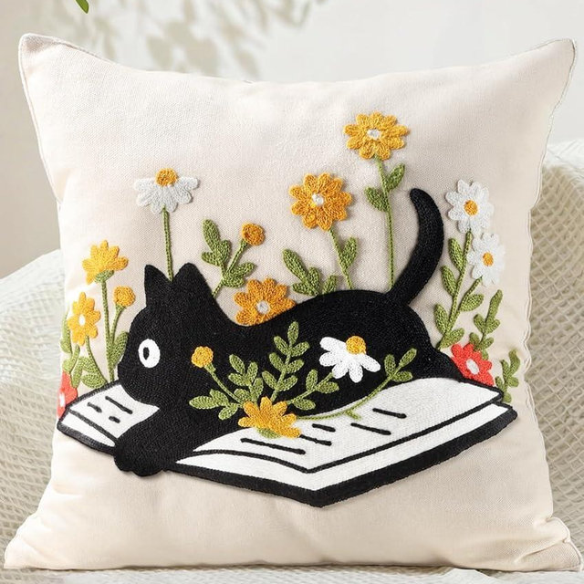 Kokaaee Embroidered Throw Pillow Cover 18x18 Inch - Spring Boho Decorative Animal Pillow Covers with Zipper for Couch Sofa Bedroom Living Room Cushion Pillowcase, Cat Floral