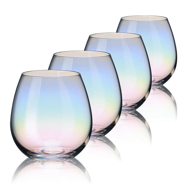 CUKBLESS Stemless Wine Glasses Set of 4, Iridescent Wine Glass for Red or White Wine, 15 Ounce