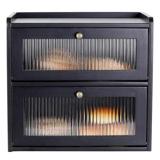 Sunhoo Bread Box for Kitchen Countertop Wooden Bread Storage Container Bin 2 Layer Breadbox Holder Large Capacity Keeper Vintage Farmhouse Food Organizer Pantry Shelf Acrylic Window（Black）