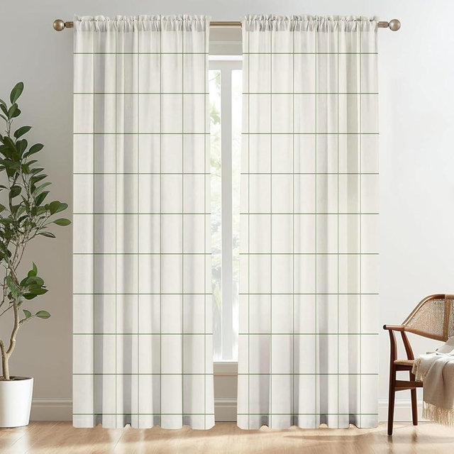 Plaid Curtains 84 inches Long for Bedroom,Farmhouse Gingham Curtains 84 Inches Long for Living Room,Beige Sage Green Gingham Checkered Rod Pocket Light Filtering Stripes Privacy Drapes 2 Panels