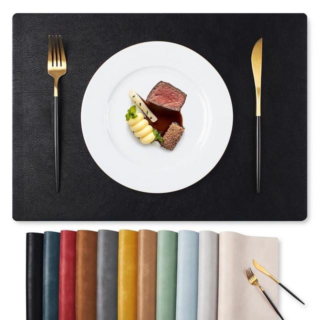 MOSAYT Vinyl Placemats Set of 6-12 X 17 Inch - Faux Leather 100% Waterproof Oil-Proof Wipeable PU Place Mats, Heat Resistant Reversible Table Mats for Kitchen, Dining, Outdoor (Black)
