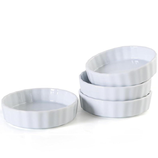Feenmai 6oz Creme Brulee Ramekins Set of 4 - Ceramic Baking Dishes, Non-Stick Porcelain Pie Dish, Wave Round Baking Dish for Dessert, Pie, Tart, Souffles, Appetizers, Oven and Dishwasher Safe