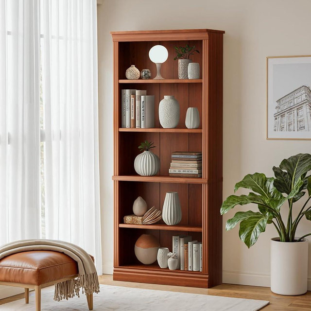 Furniwell Bookcase Bookshelves, 5-Shelf Tall Bookcase 71" Wood Open Display Floor Bookshelf, Large Storage Organizer for Library, Bedroom, Living Room (Cherry)
