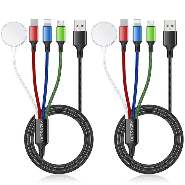 2Pack Multi Charging Cable for Apple Watch Charger 4 in 1 Travel Essentials RV Camping Essentials USB C/L/Micro Compatible with iWatch Series 11-1/iPhone 17/16/15/Android Airplane Gadgets-4FT