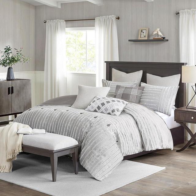 Madison Park Queen Comforter Set, Removable 100% Cotton Duvet Cover Queen Size with Insert, Farmhouse Bedding, Textured Stripe Clipped Jacquard Accent, Queen, Grey 8 Piece