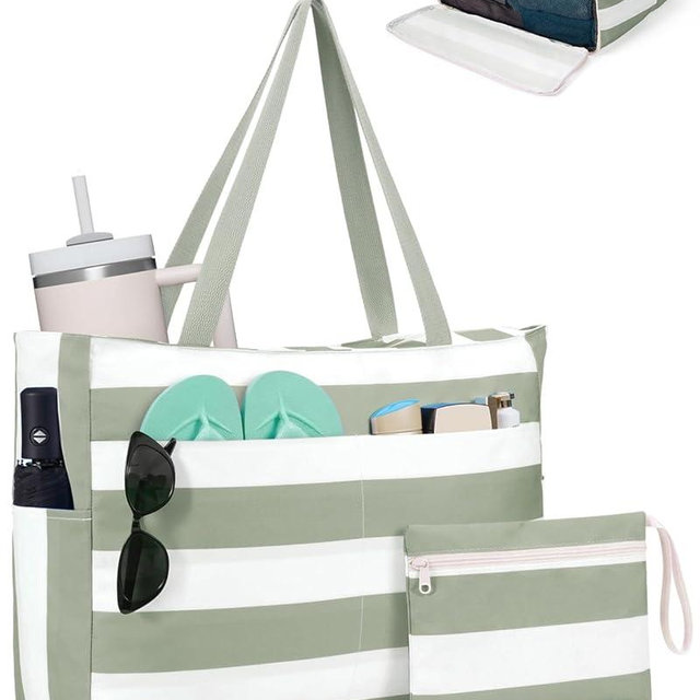 WANDF Beach Bags for Women, Large Waterproof Sandproof Beach Tote Bag with Zipper Family Pool Bags with 40oz Tumbler Pocket, Swim Cruise Vacation Essentials (Green) | 40oz Tumbler Pocket