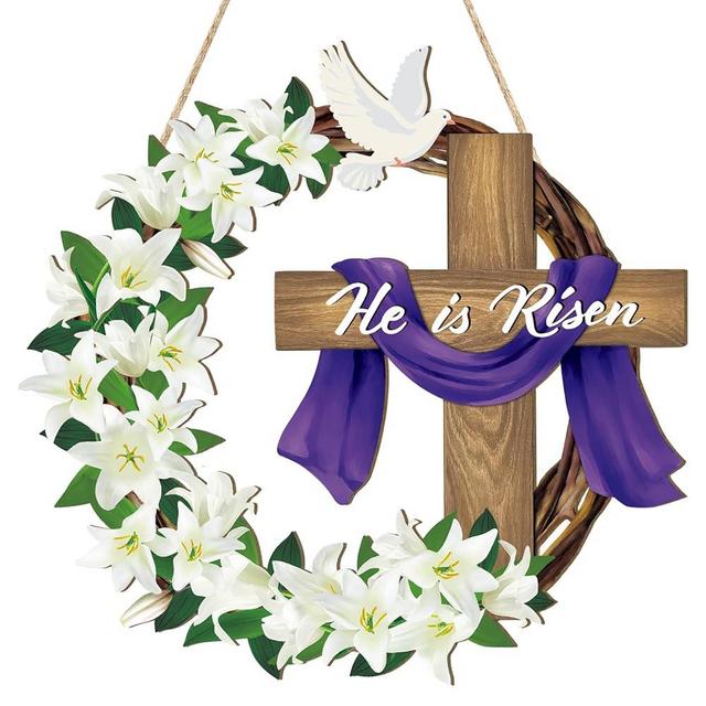 He is Risen Easter Decoration Wooden Wreaths for Front Door Sign Cross Sign Door Wall Signs, Christian Jesus Lily Flowers Ornaments Hanging Crafts for Spring Home Farmhouse Party Porch Decor