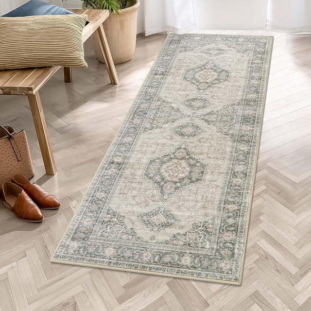 Lahome Oriental Kitchen Runner Rug - 2x6 Washable Rug Runners for Hallway 6 Feet Non Slip, Retro Laundry Room Carpet Runner, Soft Non Slip Runner Rug Carpet for Bedside Kitchen Entryway,Grey/Brown