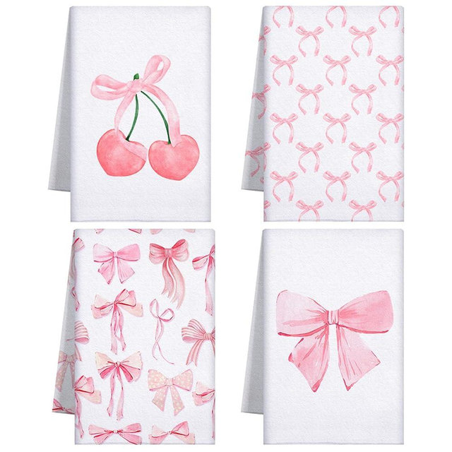 Macarrie 4 Pcs Pink Bow Coquette Kitchen Towels Trendy Bow Dish Towels Cute Pink Hand Towels Coquette Bow Gifts Preppy Microfiber Kitchen Towels for Hostess Housewarming, 18 x 26 in
