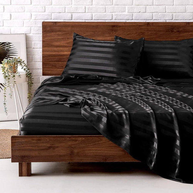 MR&HM Satin Bed Sheets, Full Size Sheets Set, 4 Pcs Silky Bedding Set with 15 Inches Deep Pocket for Mattress (Full, Black Striped)
