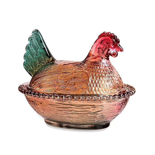 ccsxqy Vintage Glass Hen on Nest Dish with Lid - Large Pedestal Rooster Glass Candy Bowl, Colorful Crystal Candy Jar for Snacks, Dessert, Cookies | Home Kitchen Office Tabletop Decor