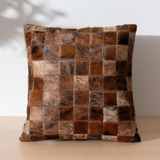 ecowhides 100% Genuine Brazilian Cowhide Patchwork Pillow – Brindle Handcrafted Design – Single-Sided – Luxury Leather Decorative Cushion for Rustic & Western Home Décor – 20” x 20”