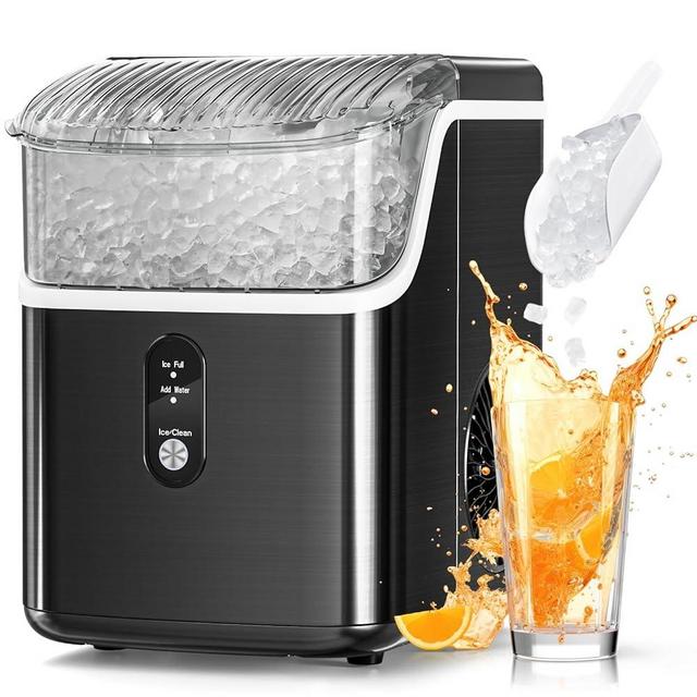 Nugget Ice Maker Countertop, Antarctic Star Portable Ice Machine with Chewable Pellet Ice, 34Lbs/24H, Self-Cleaning, Sonic Ice, One-Click Operation, for Kitchen,Office Stainless Steel Black