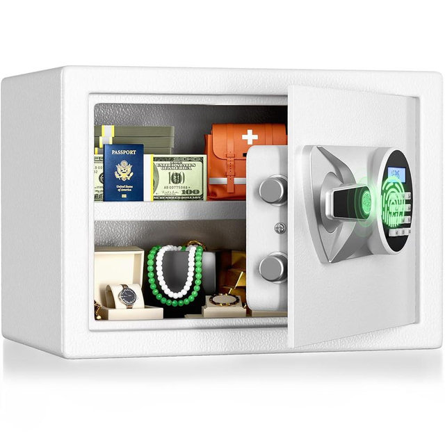 BlackSmith Biometric Safe 1.0 Cub Digital Home Security Safe with LCD Display Dual Alarm System Mute Mode Quick Access Fingerprint Recognition Lock Box for Money Jewelry, White