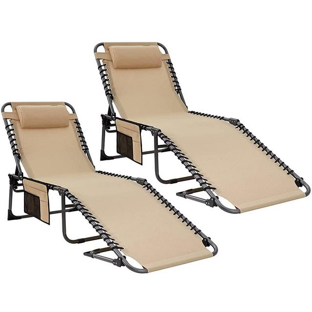 KingCamp 5-Position Folding Chaise Lounge Chair for Outside, Sunbathing, Tanning, Patio, Pool, Lawn, Deck, Portable Heavy-Duty Camping Reclining Chair with Pillow Pocket, Textilene,(2 Pack)