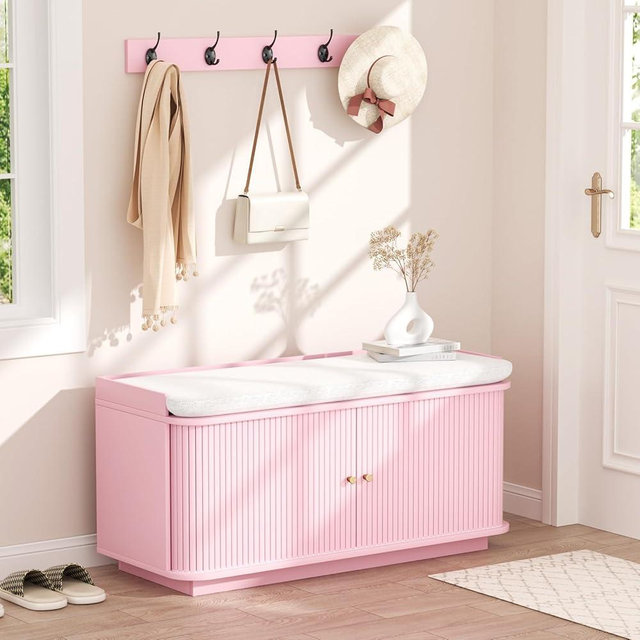 AIUUCS Hall Tree with Bench and Shoe Storage, Entryway Bench with Sliding Door Cabinet, Removable Padded, Metal Wall Hooks and Adjustable Storage Compartments, for Entry, Hallway, Living Room, Pink
