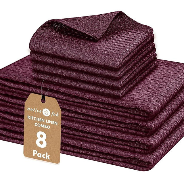 Native Fab Kitchen Towels & Dish Cloth Set, 100% Cotton, 8 Piece, Absorbent, Durable, Washable, Quick Drying Towel for Cleaning, Cooking, Baking - Ideal for Home, Bars & Everyday Use - Burgundy Wine