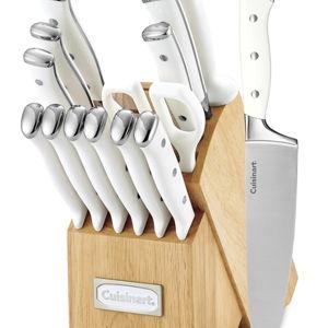 Cuisinart 15-Piece Knife Set with Block, High Carbon Stainless Steel, Forged Triple Rivet, White, C77WTR-15P