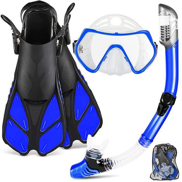 ZEEPORTE Mask Fin Snorkel Set with Adult Snorkeling Gear, Panoramic View Diving Mask, Trek Fin, Dry Top Snorkel +Travel Bags, Snorkel for Lap Swimming