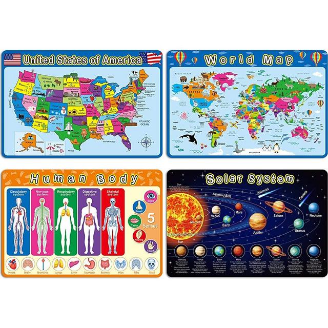 4 Pieces Educational Preschool Placemats for Toddlers and Kids, Non Slip Washable Learning Placemats Reusable Baby Placemat for Nursery Homeschool Kindergarten Classroom Supplies