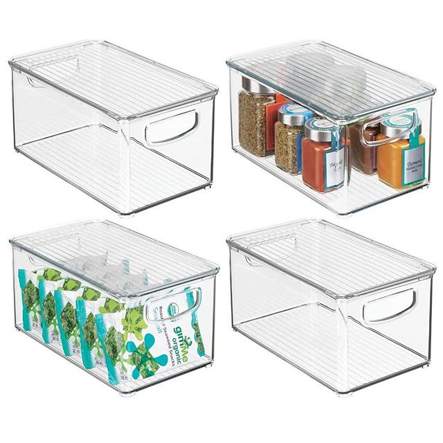 mDesign Plastic Stackable Storage Bin Organizer w/Handles for Kitchen, Bathroom, Pantry, Refrigerator, Freezer Organization, Holds Food, Fruit, Jars, Packets, Snacks, Pasta - 4 Pack - Clear/Clear