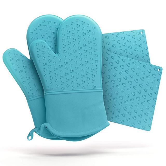 Cosy House Collection 4-Piece Oven Mitt & Pot Holder Set - Non-Slip Silicone & Cotton 500°F Heat Resistant Trivet Cooking Gloves- for Cooking & Baking (Turquoise)