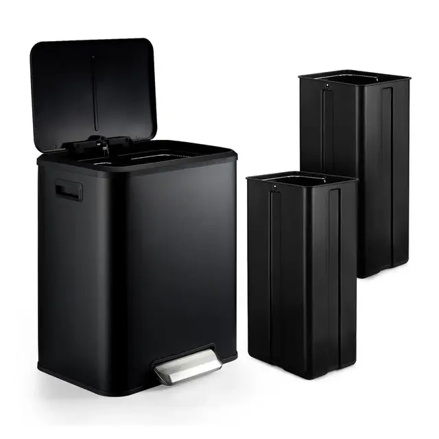 Dual Compartments Trash Can, 2 x 4 Gallon Garbage Can Recycling Kitchen Step Trash Can with Soft-Close Lid, Plastic Inner Buckets, Black