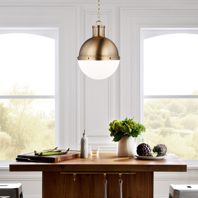 Industrial Shaded Globe Pendant in Brass 13"