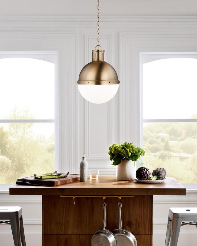 Industrial Shaded Globe Pendant in Brass 13"