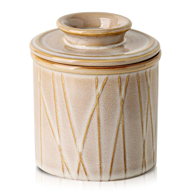HVH Ceramic Butter Crock with Water Line, French Butter Dish with Lid for Countertop, Butter Keeper for Counter, Butter Holder for Soft Butter, Irregular Striped (Sand Color, 4x4)