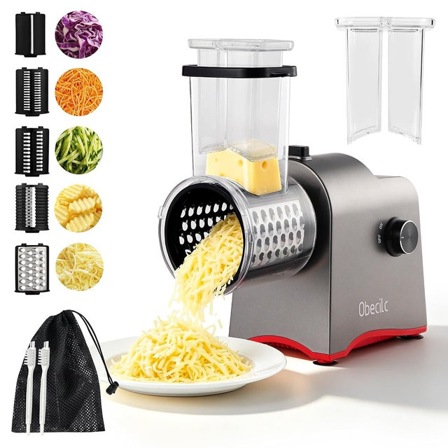 Upgraded 300W Electric Cheese Grater with 5 Stainless Steel Blades, Cheese Shredder Electric for Slicing, Shredding & Grinding Vegetables, Fruits and Nuts,Easy One-Touch