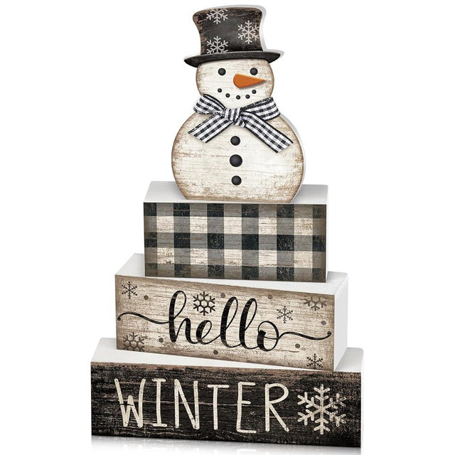 Moucuny 4 Pcs Snowman Christmas Decor Winter Table Decorations Christmas Tiered Tray Decor Winter Centerpiece Decorations Indoor Rustic Wooden Snowman Block Sign Gift Farmhouse for Home Kitchen Shelf