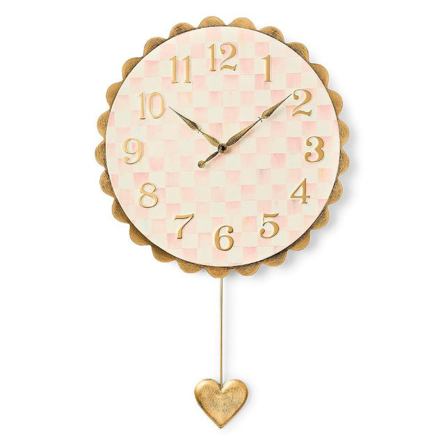 MACKENZIE-CHILDS Heart Pendant Wall Clock, Rustic Home Decor, Pink-and White-Rosy Check