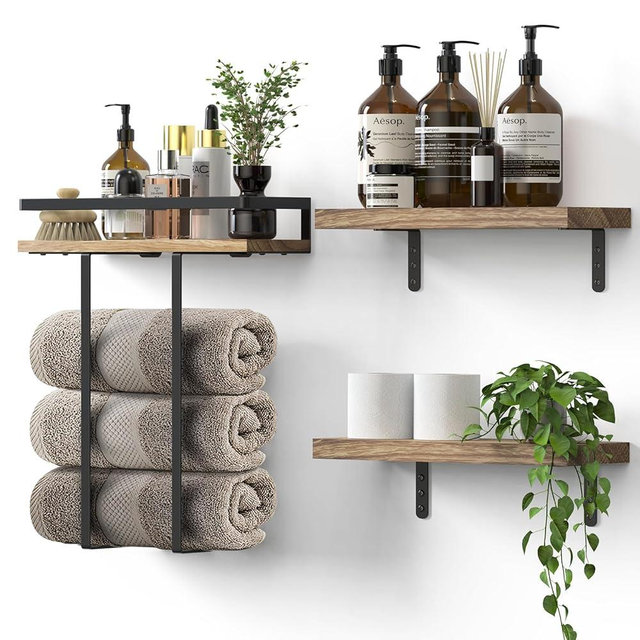 QHMCHLDZ Towel Racks for Bathroom-Wall Mounted Floating Shelves for Wall Bathroom Bedroom Kitchen Living Room, Hanging Book Shelves Decor Bathroom Organizer, 16 inch Solid Wood, Carbonized Wood Color