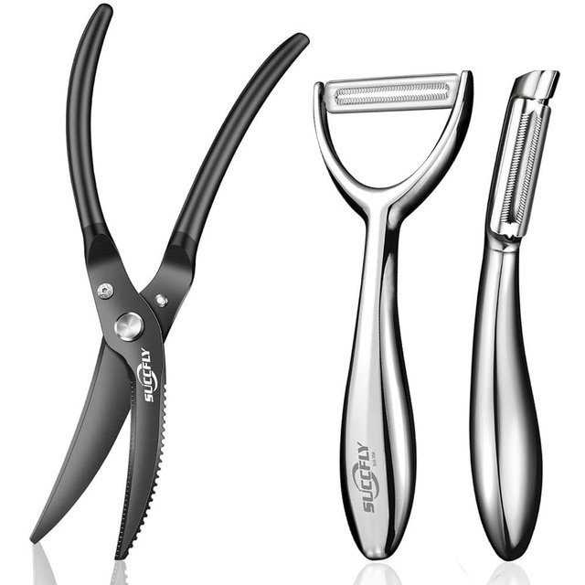 SUCCFLY Premium Kitchen Tool Kit, Heavy Duty Kitchen Scissors + Y & I Shaped Fruit Veggie Peeler, Food Grade Stainless Steel Ergonomic Design, Ultra Sharp Extremely Durable