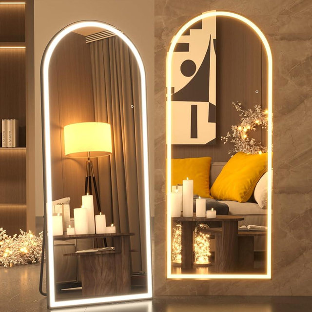 pertetey 79X36 Inch LED Arched Full Length Mirror with Lights, Black Frame Lighted Floor Mirror, Dimmable & 3 Color Modes LED Full Body Dressing Standing Mirror, Wall Mounted Long Mirror