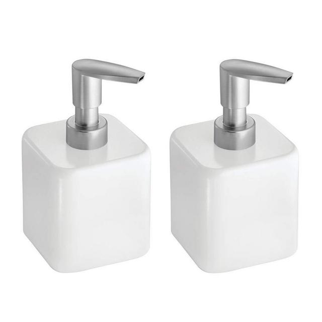 mDesign Compact Square Metal Refillable Liquid Soap Dispenser Pump Bottle for Bathroom Vanity Countertop, Kitchen Sink - Holds Hand and Dish Soap, Hand Sanitizer, Essential Oil - 2 Pack - White/Satin