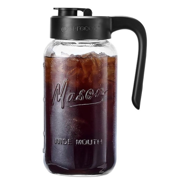 Mason Jar Pitcher - Airtight & Leakproof Glass Pitcher with Lid, Perfect for Breastmilk, Cold Brew, and Sun Tea, 2 Quart (64 oz) 1/2 Gallon Mason Jar with Pour Spout Lid