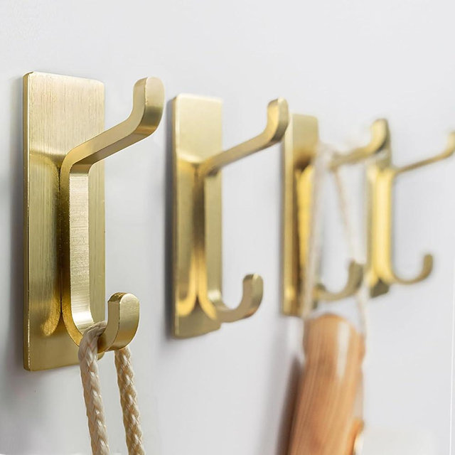 pickpiff Self Adhesive Hooks, Extra Sticky 10LB (Max), Heavy Duty Stainless, Stick On Wall and Door Hooks for Hanging, Bathroom Towel Hooks and Coat Hooks, Robe Hook Wall Mounted, Gold, 4 Pack